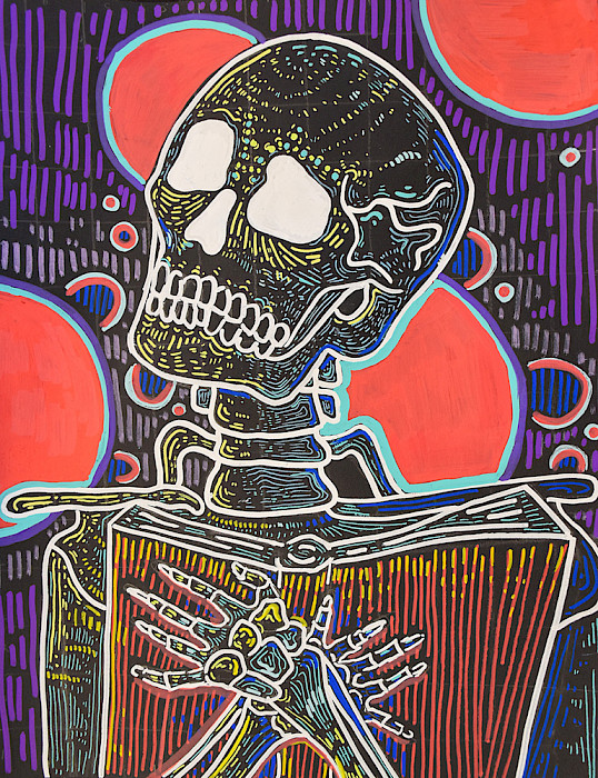 Best in Class: Lottie D., "Neon Skeleton," scratchboard, 7 x 12 in., Episcopal Collegiate School, Art Educator: Sarah Higgins.