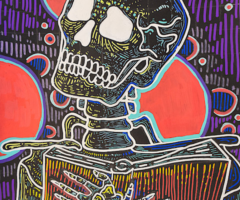 Best in Class: Lottie D., "Neon Skeleton," scratchboard, 7 x 12 in., Episcopal Collegiate School, Art Educator: Sarah Higgins.