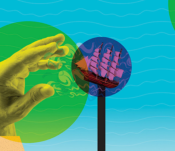 Graphic illustration of hand reaching out on the left with a ship floating in the middle.