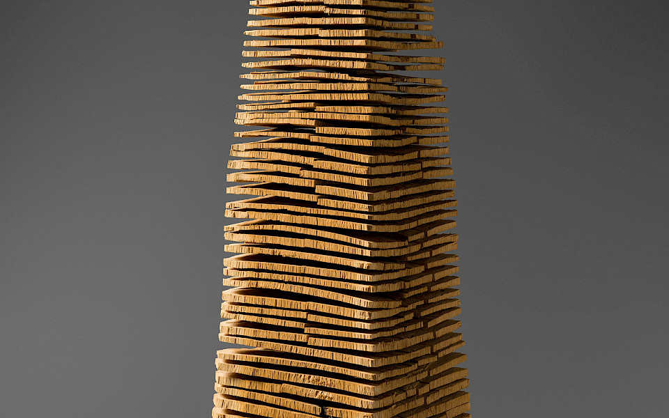 Detail photo of an abstract wooden sculpture.