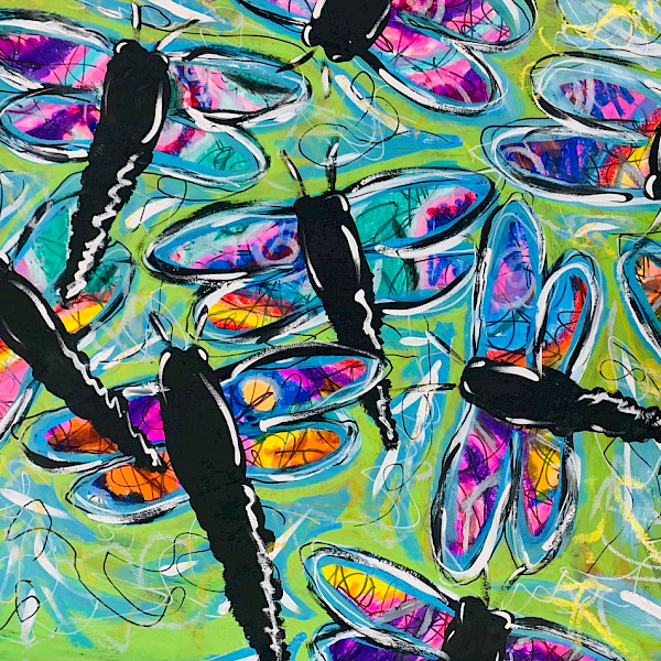 A detail shot of a painted artwork picturing dragonflies with blue and purple wings on an abstract lime green background. Credit line: Jack M., Spring Dragonflies, acrylic paint, paint sticks, and Sharpie marker, 24x36 in., 61st Young Arkansas Artists.