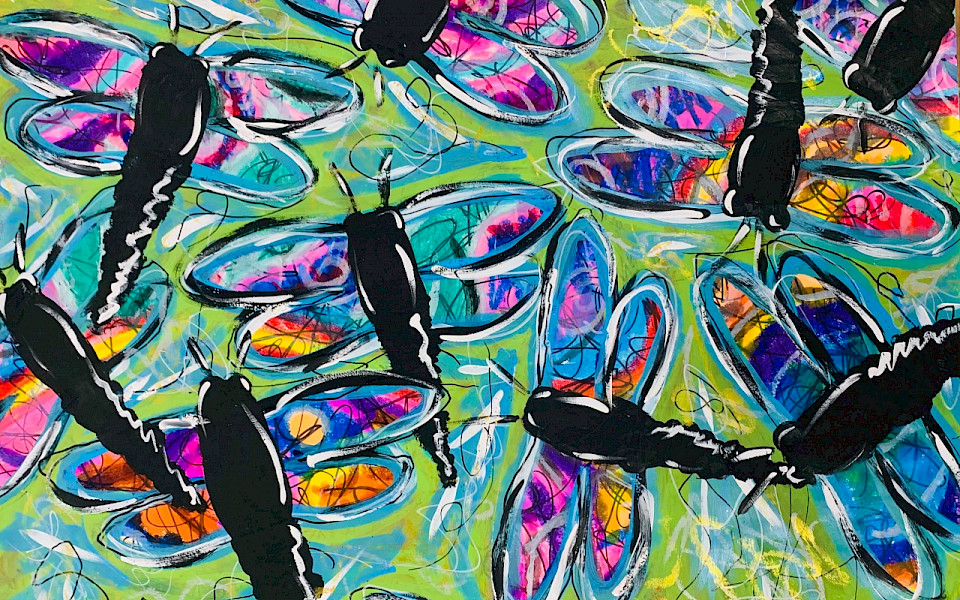 A detail shot of a painted artwork picturing dragonflies with blue and purple wings on an abstract lime green background. Credit line: Jack M., Spring Dragonflies, acrylic paint, paint sticks, and Sharpie marker, 24x36 in., 61st Young Arkansas Artists.