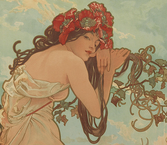 Detail photo of a color lithograph by Alphonse Mucha depicting a woman wearing a flower headdress and hanging on a vine.