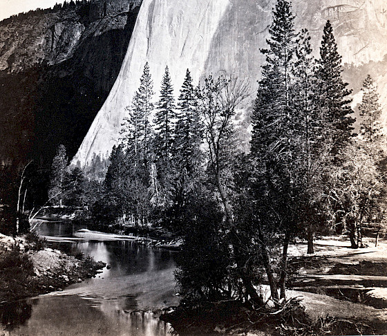 Black and white photograph of Yosemite taken by photographer Carleton E. Watkins.