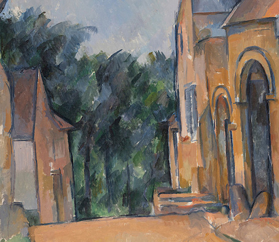 Detail photo of a painting by Paul Cezanne depicting a street with buildings and a treeline in the background.