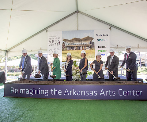 2019 Groundbreaking: On October 1, 2019, a groundbreaking ceremony was held to celebrate the beginning of construction for the new Arkansas Arts Center (now the Arkansas Museum of Fine Arts). Pictured from left to right: AMFA Foundation President Bobby Tucker, Board of Trustees President Merritt Dyke, SCAPE Founder and Design Director Kate Orff, AMFA Executive Director Victoria Ramirez, Studio Gang Founding Principal Jeanne Gang, Capital Campaign Co-Chairs Harriet and Warren Stephens, and Little Rock Mayor Frank Scott, Jr.