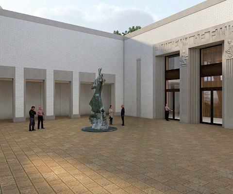 A new entrance to the north invites visitors to re-experience the building’s original 1937 façade through an open-air courtyard before entering the Museum. Image courtesy of Studio Gang.