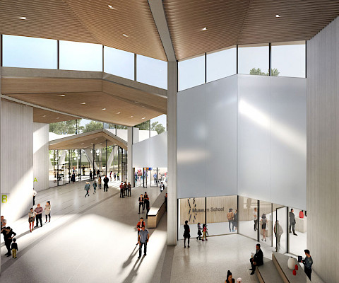View toward the Park Entrance to MacArthur Park from inside the Museum Atrium, which connects AMFA’s new programming areas. Image courtesy of Studio Gang.