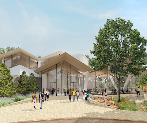 View of the new Park Entrance to the Arkansas Museum of Fine Arts from MacArthur Park. A new restaurant with an outdoor shaded terrace overlooks the park and connects to a new network of walking paths and stormwater-fed gardens designed by SCAPE. Image courtesy of Studio Gang and SCAPE.