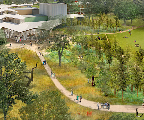 This aerial view shows how the new Arkansas Museum of Fine Arts creates new pathways and connections to MacArthur Park. The design includes a new restaurant with outdoor shaded seating, walking paths, and a great lawn. Over time, a tree canopy will develop, creating a true “museum in a park.”