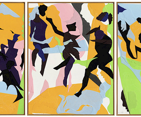 Oliver Lee Jackson (St. Louis, Missour, 1935 - ), "Triptych (3.20.15, 5.21.15, 6.8.15)," 2015, applied felt, chalk, alkyd paint, and mixed media on wood panel, 95 × 72 in., On loan from the National Gallery of Art, Washington: Purchased with funds from the Glenstone Foundation.