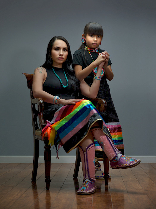 Ryan RedCorn (Tahlequah, Oklahoma, 1979 - ), "Portrait of Chantelle Keshaye Pahtayken & Shay Pahtayken, Plains Cree," 2019, dye diffusion thermal transfer print and silicone printed on SEG fabric, 120 x 90 in., Arkansas Museum of Fine Arts Foundation Collection: Purchase. 2022.018.
