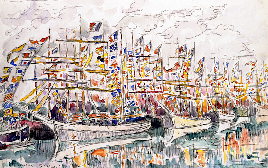 Watercolor painting of several ships in a bay with dozens of flags flowing in the wind from their sails.