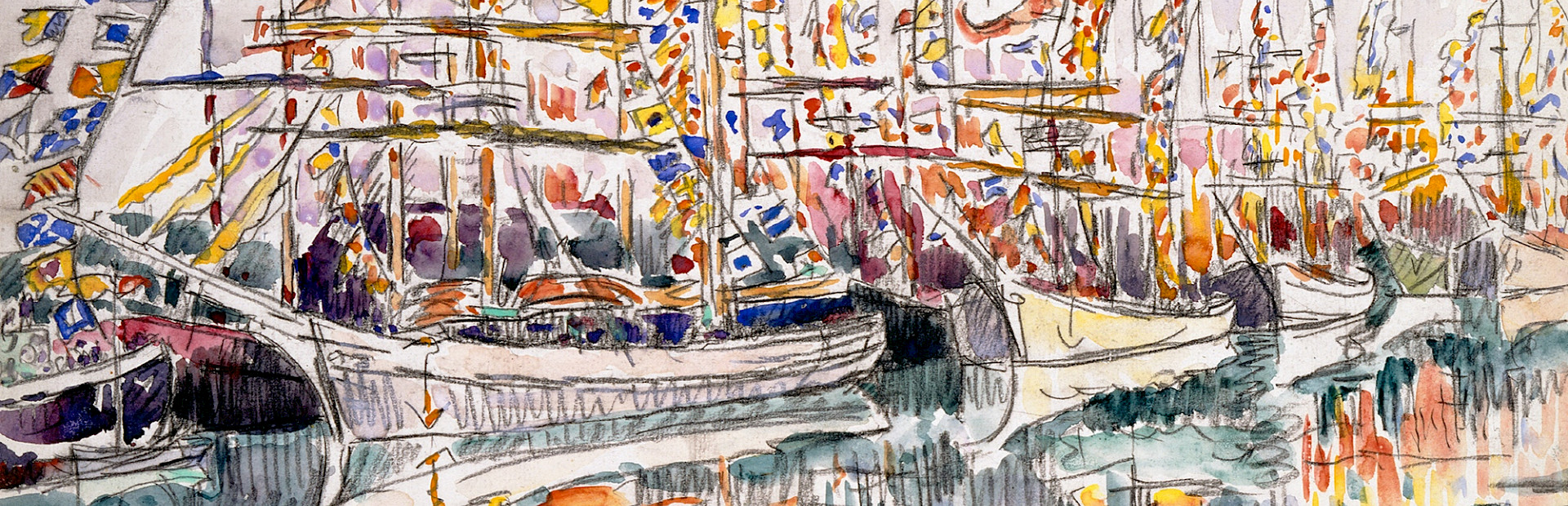 Watercolor painting of several ships in a bay with dozens of flags flowing in the wind from their sails.