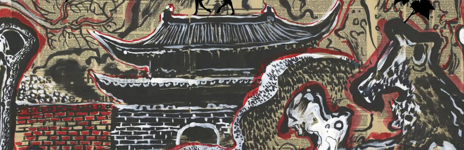 Video still of Sun Xun's "Tears of Chiwen" showing a Chinese building, abstract waves, a brick wall, and other black, white, and red figures on a background of yellowed newspaper.