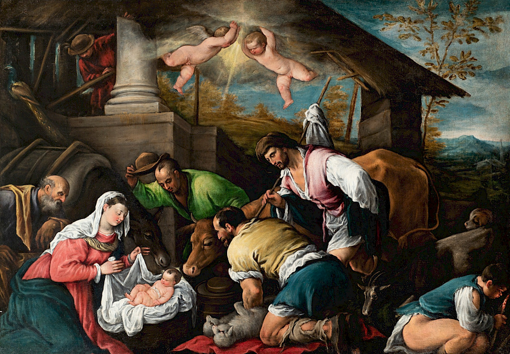 Francesco Bassano II (Bassano del Grappa, Italy, 1549 - 1592, Venice, Italy), "Adoration of the Shepherds," circa 1580, oil on canvas, 37 x 52 in., Arkansas Museum of Fine Arts Foundation Collection: Gift of the Samuel H. Kress Foundation. 1934.001.