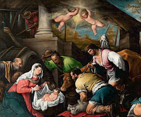 Francesco Bassano II (Bassano del Grappa, Italy, 1549 - 1592, Venice, Italy), "Adoration of the Shepherds," circa 1580, oil on canvas, 37 x 52 in., Arkansas Museum of Fine Arts Foundation Collection: Gift of the Samuel H. Kress Foundation. 1934.001.