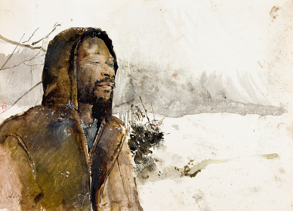 Andrew Wyeth (Chadds Ford, Pennsylvania, 1917 - 2009, Chadds Ford, Pennsylvania), "Snowflakes," circa 1966, watercolor on paper, 8 7/8 x 11 7/8 in., Arkansas Museum of Fine Arts Foundation Collection: Purchase, Tabriz Fund and Museum Purchase Plan of the NEA. 1971.009.001.