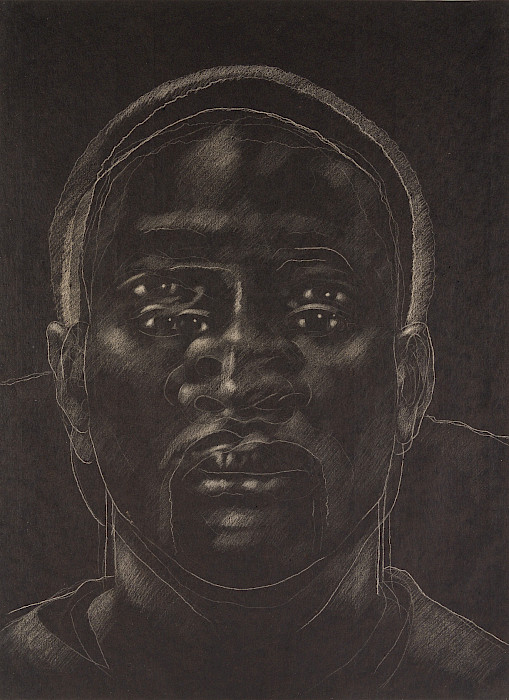 Titus Kaphar (Kalamazoo, Michigan, 1976 - ), "The Jerome Project (Asphalt and Chalk) VII," 2014, white chalk on asphalt paper, 49 x 35 1/2 in., Arkansas Museum of Fine Arts Foundation Collection: Purchase, Tabriz Fund. 2015.005. Photo by Edward C. Robison III.