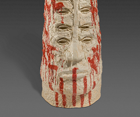 Raven Halfmoon (Norman, Oklahoma, 1991 - ), "Do You Practice Your Culture?," 2019, stoneware and glaze, 62 x 20 x 38 in., Arkansas Museum of Fine Arts Foundation Collection: Purchase. 2021.007.001. Photography by Edward C. Robison III.