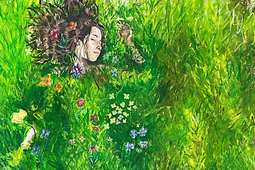 An oil pastel artwork depicting a girl lying in a field of wildflowers.