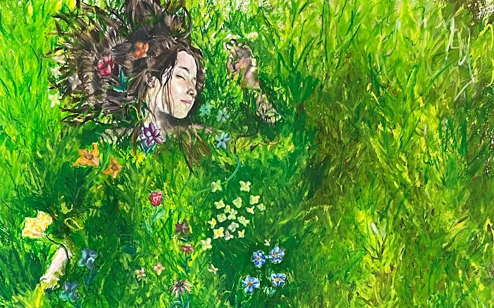 An oil pastel artwork depicting a girl lying in a field of wildflowers.
