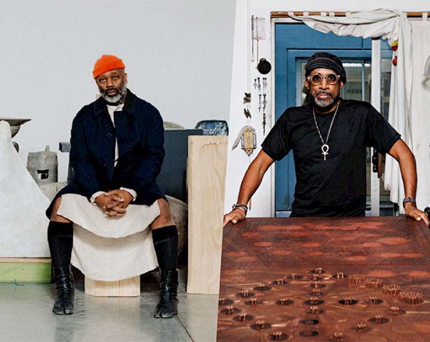 Spliced photo graphic with Theaster Gates on the left and Nari Ward on the right.