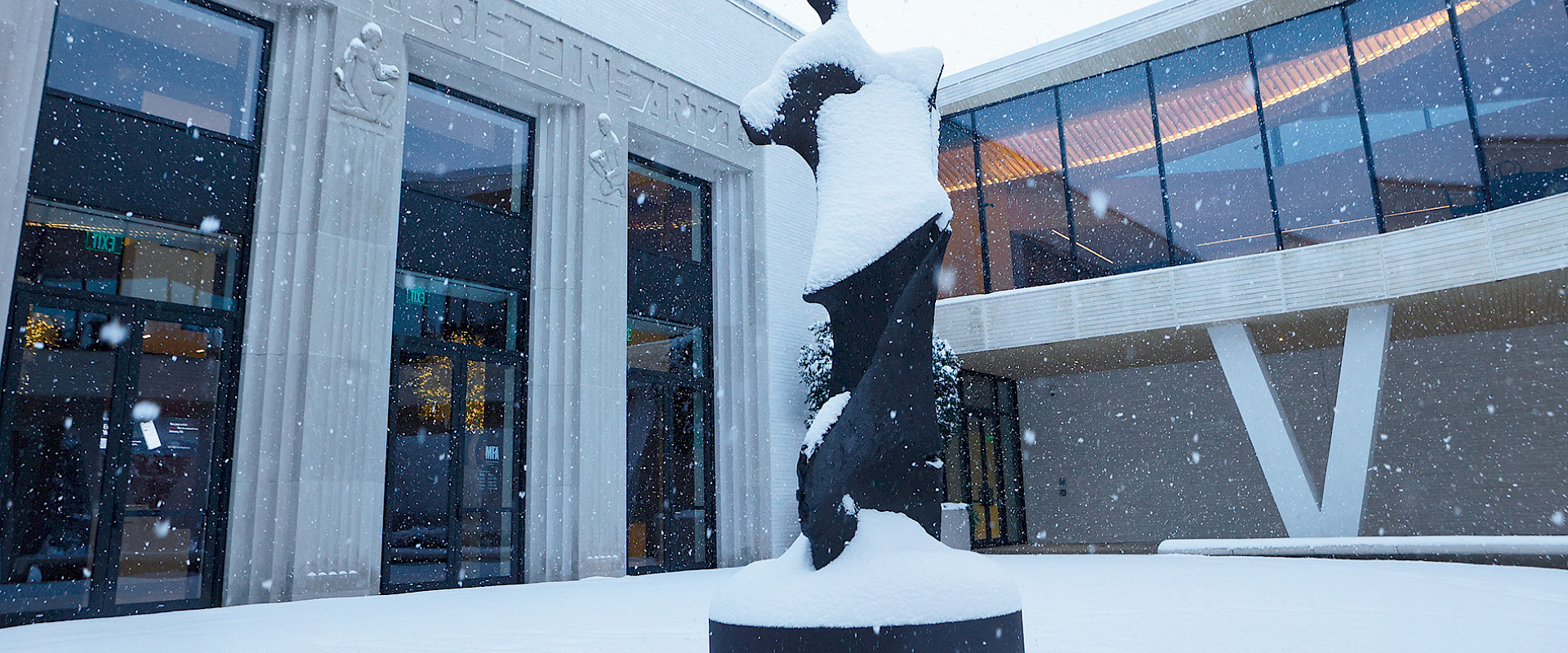 Photo of the Courtyard Entrance to the Arkansas Museum of Fine Arts covered in snow.