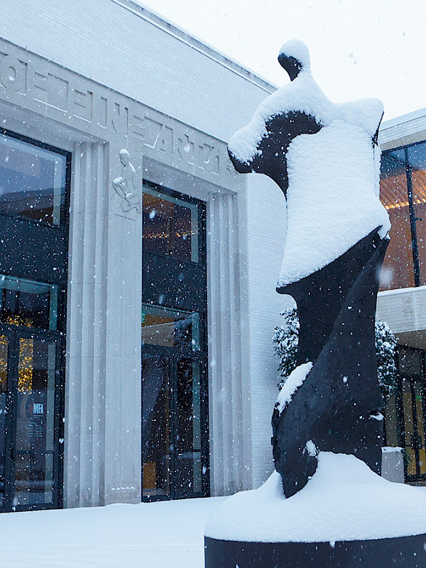 Photo of the Courtyard Entrance to the Arkansas Museum of Fine Arts covered in snow.