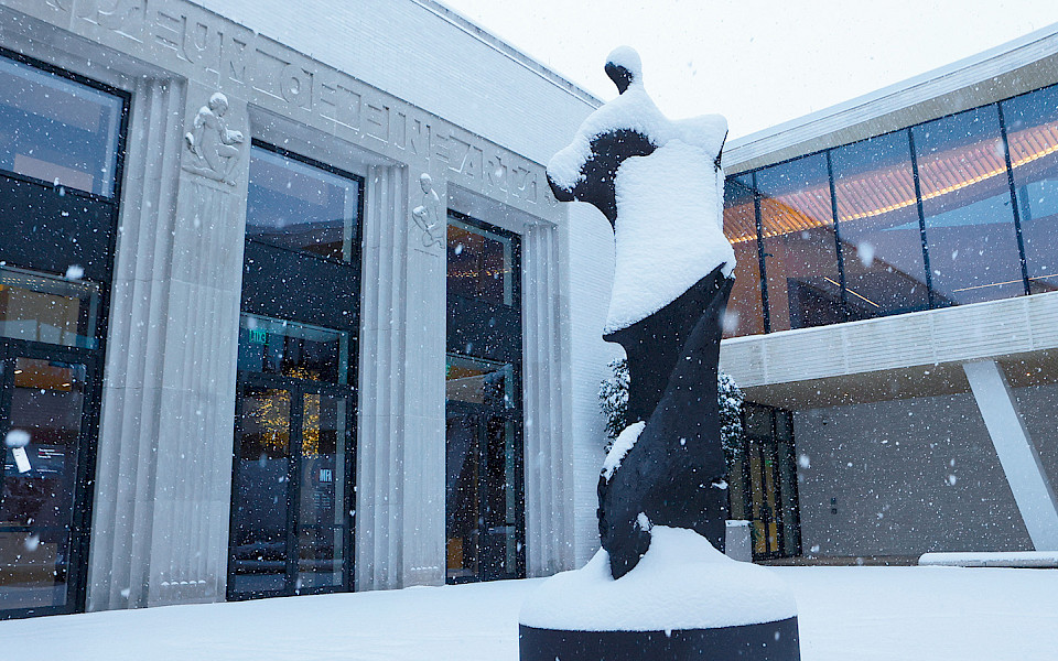 Photo of the Courtyard Entrance to the Arkansas Museum of Fine Arts covered in snow.