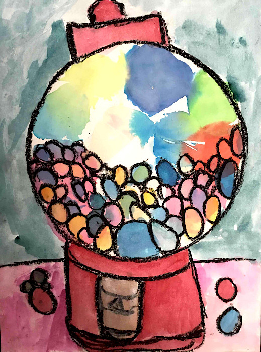 Autumn D., "Wayne Thiebaud Gumball Machines," watercolor and oil pastel, Kindergarten, Jonesboro Kindergarten Center, Art Educator: Hanne Pelletier.