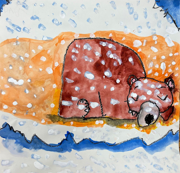 Honorable Mention: Dae'Vion P., "Snuggled Up and Cozy," crayon and watercolor, Kindergarten, Wakefield Elementary, Art Educator: Cheryl Compagna.