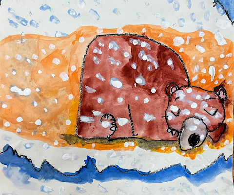 Honorable Mention: Dae'Vion P., "Snuggled Up and Cozy," crayon and watercolor, Kindergarten, Wakefield Elementary, Art Educator: Cheryl Compagna.