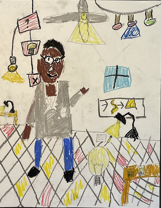 Teddy L., "Lewis Latimer," oil pastel, First Grade, Forest Heights STEM Academy, Shelby Baker.