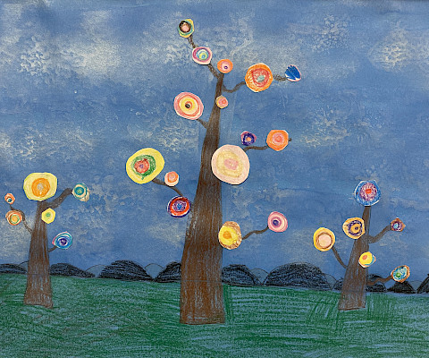 Honorable Mention: Macie M., "Kandinsky Trees," crayon and paint, First Grade, Woodlawn Elementary, Art Educator: Nickie Owens.