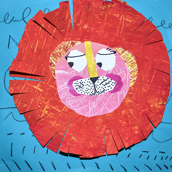 Jane B., "Collage Lion," collage, First Grade, Episcopal Collegiate Lower School, Art Educator: Jessica McSpadden.