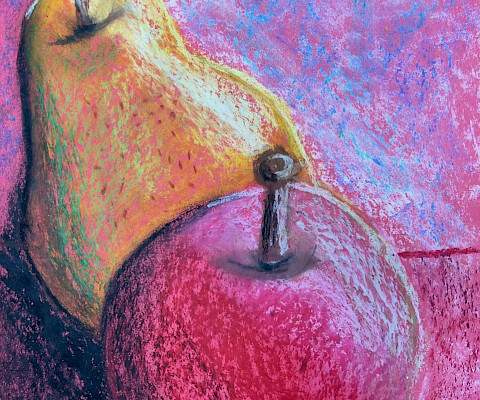Best In Class & Teacher's Choice: Amari M., "The Apple and The Pear," oil pastel on construction paper, Second Grade, Wakefield Elementary, Art Educator: Cheryl Compagna.