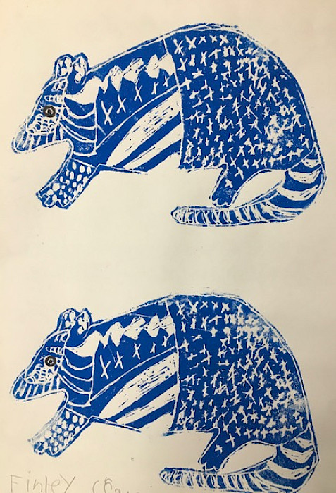 Honorable Mention: Finley K., "Double Armadillo," block print on paper, Second Grade, West Side Elementary, Greers Ferry, Art Educator: Cherie Grizzle.