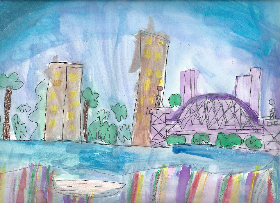 Honorable Mention: Bayleigh M., "Rail Bridge," oil pastel, watercolor, and ink, Third Grade, Williams Traditional Magnet Elementary School, Art Educator: Benita Robinson.
