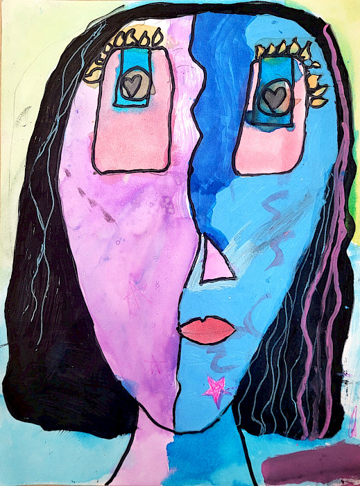 Natalie R., "Cubism Self-Portrait," watercolor and marker on mixed-media paper, Third Grade, LISA Academy North Elementary, Art Educator: Anna Mitchell.