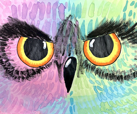 Best In Class: Isa M., "Whooo are you looking at?," mixed media, Fourth Grade, Immaculate Conception Catholic School NLR, Art Educator: Christi Callway.