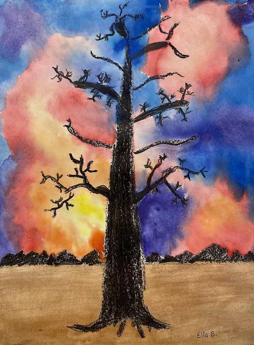 Honorable Mention: Ella B., "Winter Sunset," Crayon and watercolor, Fourth Grade, Woodlawn Elementary, Art Educator: Nickie Owens.