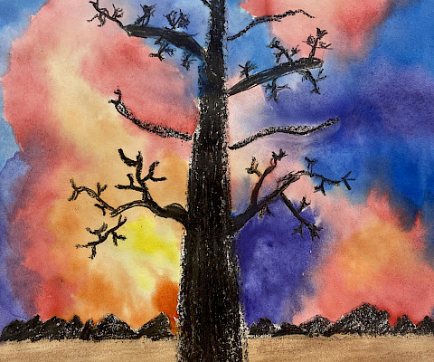 Honorable Mention: Ella B., "Winter Sunset," Crayon and watercolor, Fourth Grade, Woodlawn Elementary, Art Educator: Nickie Owens.
