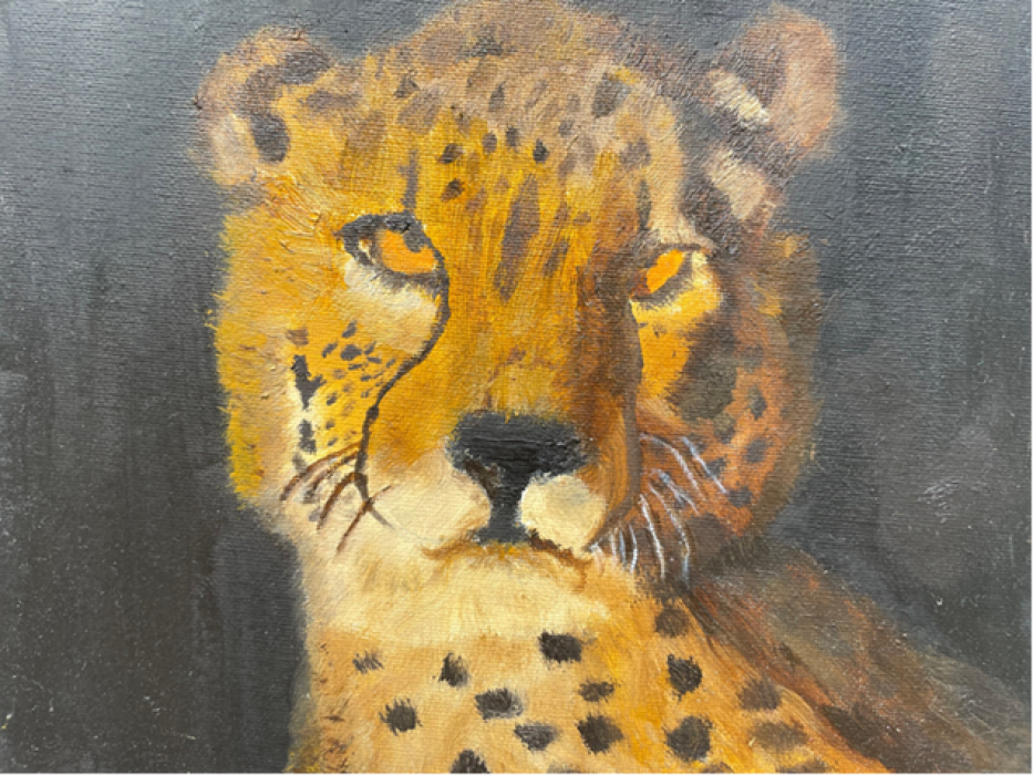 Honorable Mention & Teacher's Choice: Griffin T., "Cheetah," oil on canvas, Fourth Grade, Kirkpatrick Private Instruction, Art Educator: Toni Kirkpatrick.
