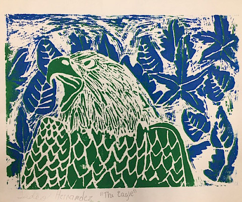 Honorable Mention: Tadeo H., "The Eagle," block print on paper, Fifth Grade, West Side Elementary, Greers Ferry, Art Educator: Cherie Grizzle.