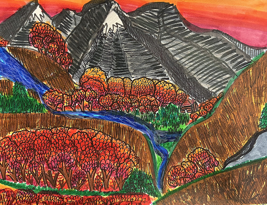 Honorable Mention: Levi Z., "Autumn Landscape," mixed media, Fifth Grade, Gibbs International Magnet, Art Educator: Blair Ray.