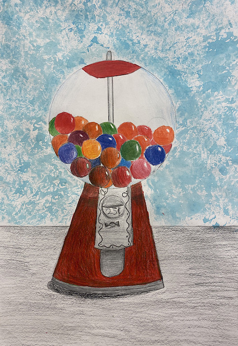 Honorable Mention: Aiden W., "Gum Ball Machine," colored pencil, Sixth Grade, Woodlawn Elementary, Art Educator: Nickie Owens.