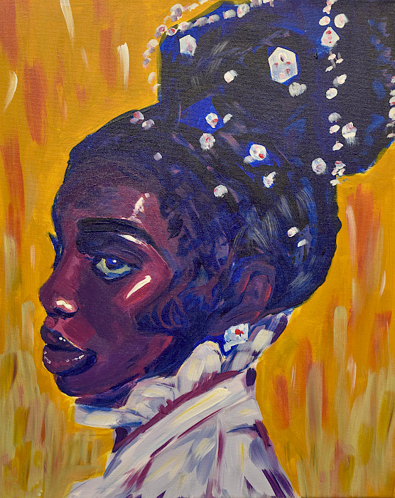 Best In Class & Teacher's Choice: Toni L., "Lady of the Pearls," acrylic on canvas, Seventh Grade, Episcopal Collegiate School, Art Educator: Sarah Higgins.