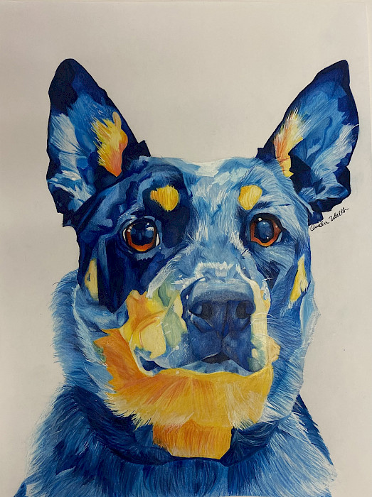 Honorable Mention: Camden W., "Cobalt Canine," marker and color pencils, Eighth Grade, Wiggins Art School, Art Educator: Shannon Wiggins.