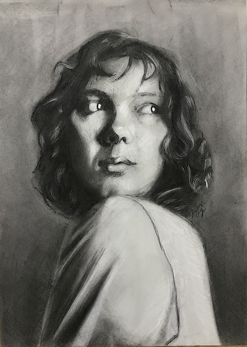 Trinity C., "Rin," charcoal and white conte, Twelfth Grade, Mountain Home High School Career Academies, Art Educator: Beth Ivens.